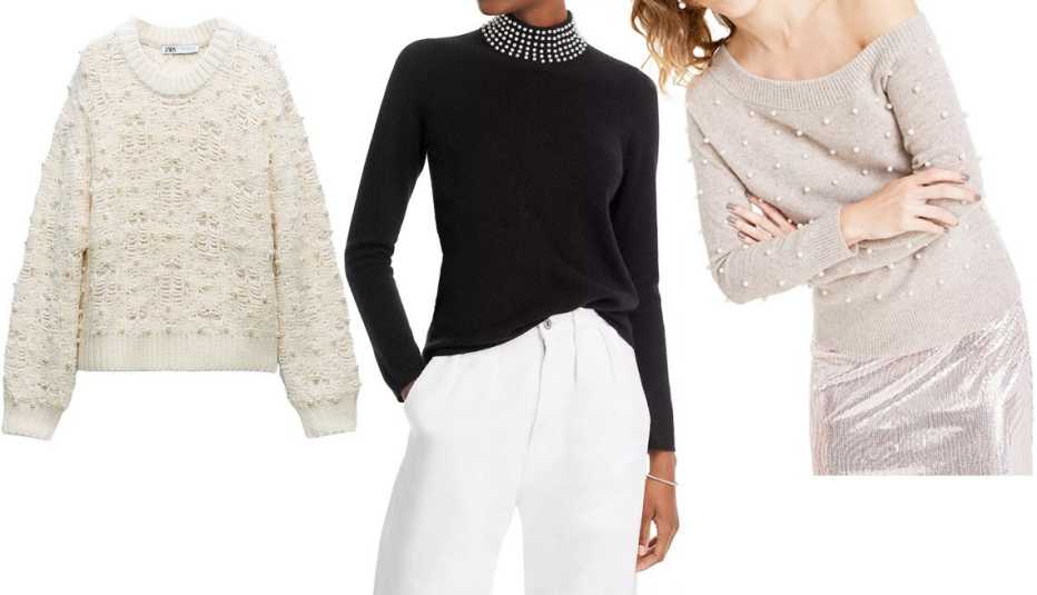 Pearl Textured Knit Sweater; C by Bloomingdales Cashmere Faux Pearl Embellished Mock Neck in Black; Charter Club Women’s 100% Cashmere Embellished One-Shoulder Sweater in Pearl Taupe Heather