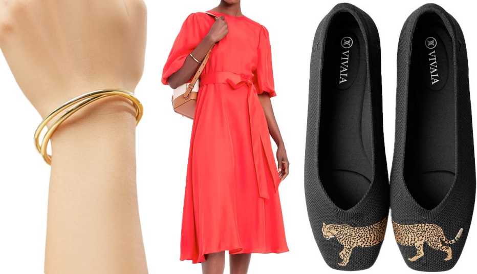 Lennie Gold Cuff Bracelet in Gold; Silk-Blend Matinee Dress in Engine Red; Square-Toe V-Cut Flats in Cheetah