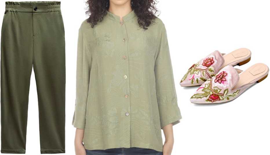 Paperbag Ankle-Length Pants; Solid Olive Silk Blouse; Embroidery Flat Mules in Pink