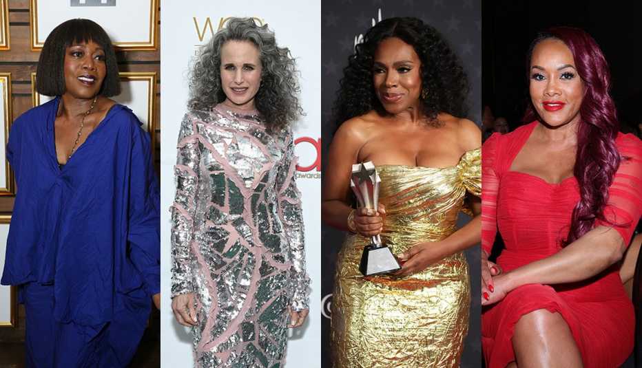 Alfre Woodard wearing a blue dress at the launch event for The Porter on BET plus; Andie MacDowell wearing a shiny silver dress the 8th Annual Hollywood Beauty Awards in Los Angeles; Sheryl Lee Ralph wearing a gold dress while holding her trophy in the press room at the 28th Annual Critics Choice Awards; Vivica A. Fox wearing a red dress at the 2023 ESSENCE Black Women In Hollywood Awards