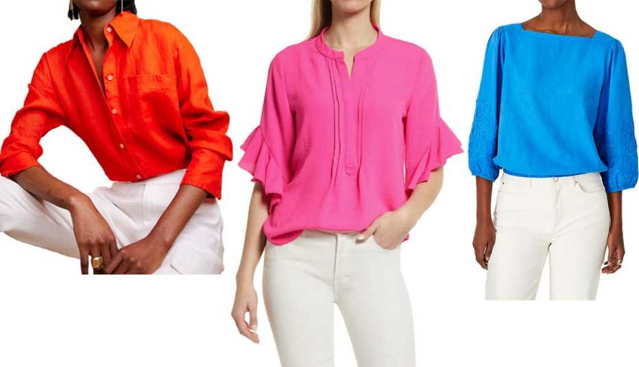 Banana Republic The Oversized Linen Shirt in Trailblazing Red-Orange; Vince Camuto Ruffle Sleeve Split Neck Blouse in Hot Pink; Ann Taylor Linen Blend Boatneck Blouse in Blue Isle