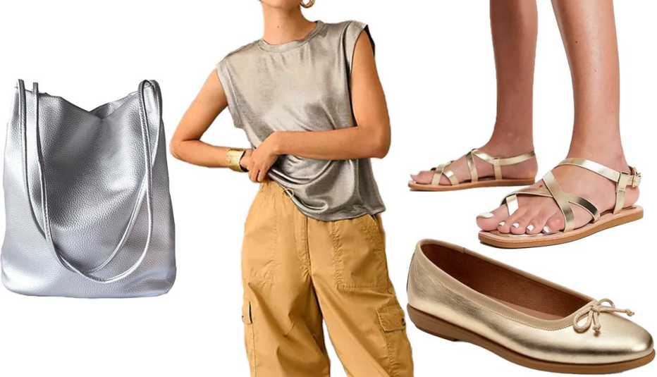 Just Mode Silver Women’s Leather Shoulder Tote; Porridge Shine Muscle Tee in Silver; Asos South Beach Strappy Sandals with Padded Sole in Gold; Aerosoles Homebet Ballet Flat in Gold Metallic