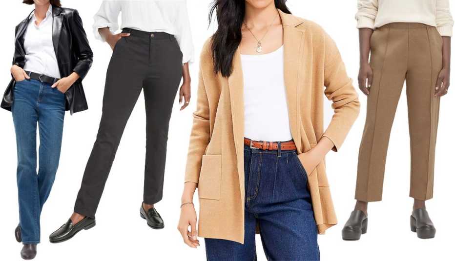 Chico’s Faux Leather Blazer in Black; Old Navy High-Waisted Wow Boot-Cut Pants for Women in Black Jack; Loft Relaxed Pocket Sweater Blazer in Perfect Camel; Everlane The Dream Pant in Heather Auburn