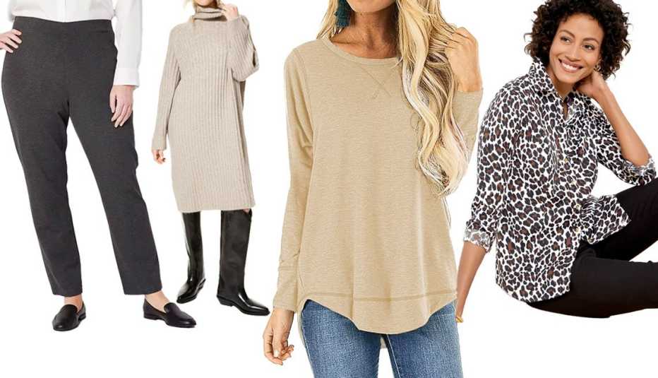 Liz Claiborne-Plus Alexis Women’s Mid Rise Straight Pull-On Pants in Charcoal Heather; H&M Turtleneck Dress in Beige Melange; Fantaslook Women’s Fall Long Sleeve Tunic T-Shirts in Khaki and Black; Talbot’s No-Iron Perfect Shirt in Flecked Animal in White/Dark Walnut