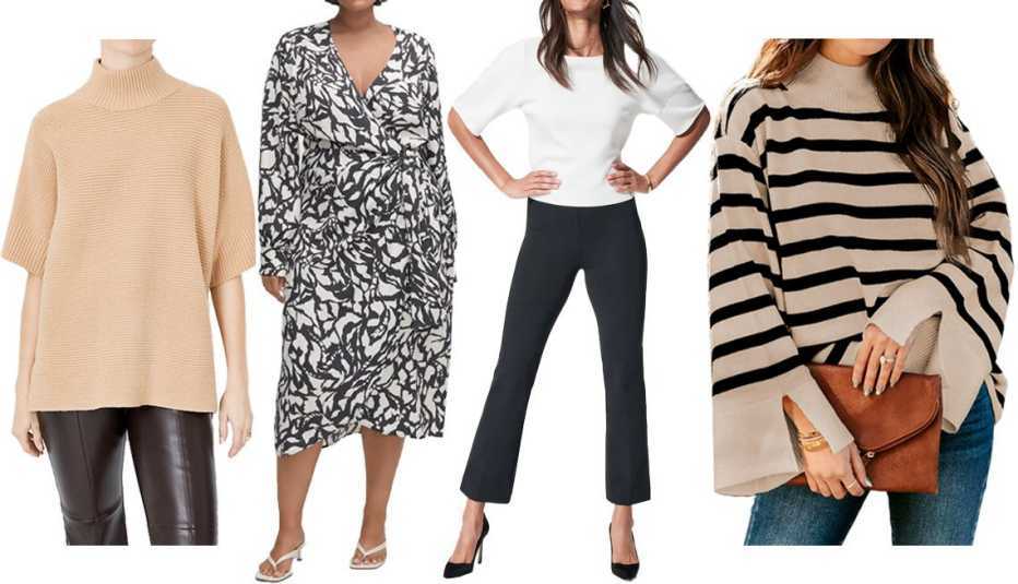 Ann Taylor Ribbed Relaxed Mock Neck Sweater in Cafe Au Lait; Mango Print Wrap Dress in Black-Plus; Spanx The Perfect Pant, Kick Flare in Basic Black; Dokotoo Women’s Pullover Sweater Casual Relaxed Fit Turtleneck Striped Sweater in Khaki