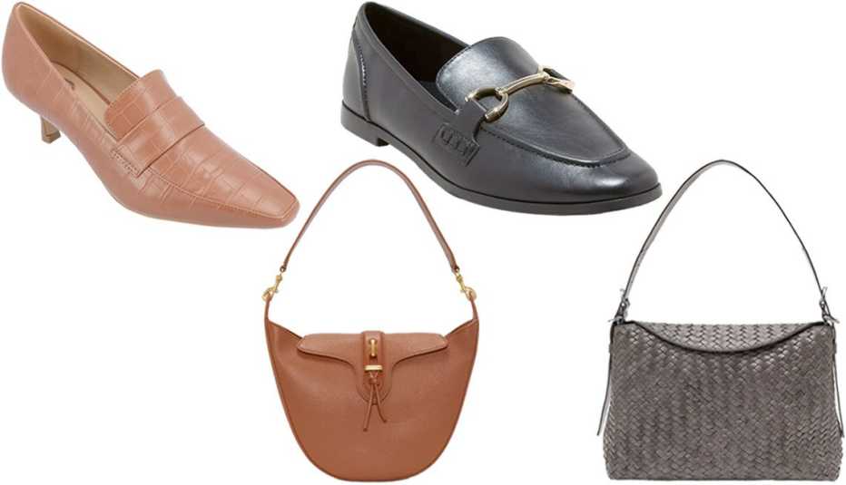 Journee Collection Women’s Celina Kitten Heel Loafer Square Toe Pumps in Brown; Vince Camuto Maecy Leather Convertible Hobo Bag in Warm Caramel Cow; A New Day Women’s Laurel Loafer Flats in Black; & Other Stories Braided Leather Shoulder Bag in Grey