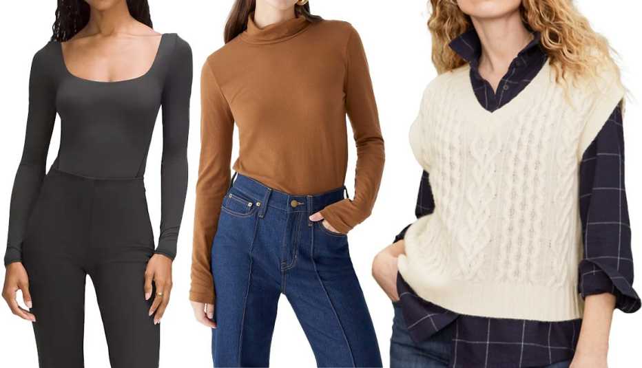 Lululemon Wundermost Ultra-Soft Nulu Square-Neck Long-Sleeve Bodysuit in Black; J.Crew Tissue Turtleneck in Rich Coffee; Garnet Hill Cabled Cashmere Sweater Vest in Bisque White