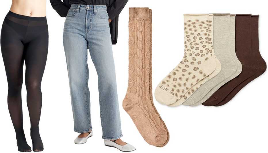 On The Go! Women’s Classic Opaque Black Footed Tights; Madewell The Curvy Perfect Vintage Wide-Leg Jean in Heathcote Wash; Universal Thread Women’s Cotton Cable Knee-High Boot Socks in Tan Heather; Hue Women’s 3-Pk Roll Top Socks in Oatmeal Leopard