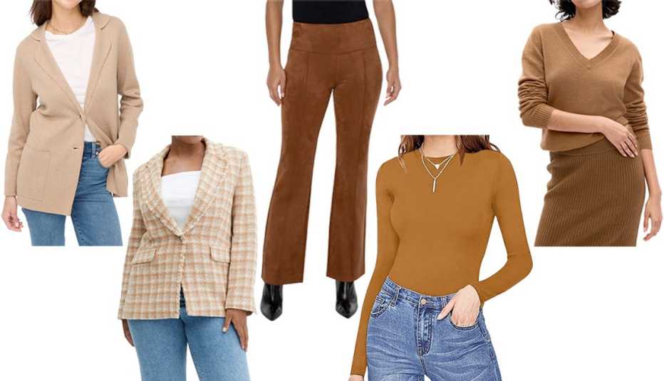 J.Crew Factory Two-Button Sweater Blazer in Hthr Mushroom; Mango Tweed Jacket with Jewel Button in Brown; Liverpool Los Angeles Pearl Pull-On Faux Suede Flare Pants in Penny Brown; Mangopop Women’s Crew Neck Long Sleeve Basic Bodysuit in Long Sleeve Camel; Gap CashSoft V-Neck Sweater in Cocoa Powder Brown