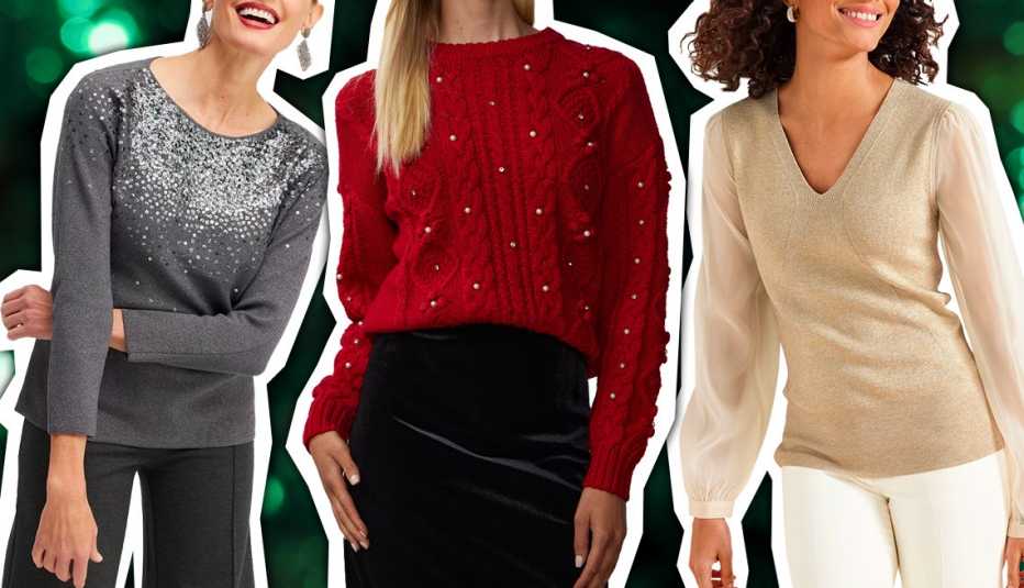 Chico's Sequin Ombre Pullover Sweater in Polar Star; New York & Company Pearl Embellished Cable Knit Sweater in Coco Red; Talbots Metallic Woven Sleeve V-Neck Pullover in Oatmeal Heather