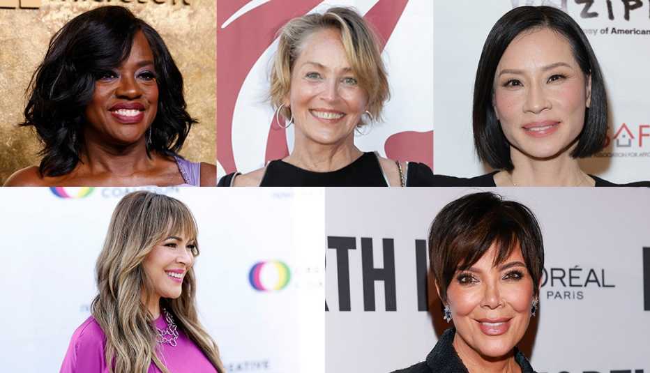 Closeups showing the different hairstyles of Viola Davis, Sharon Stone, Lucy Liu, Kris Jenner and Alyssa Milano.