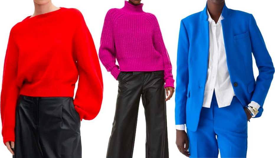 Mango Women Puff-Sleeve Knitted Sweater in Red; H&M Women Knit Sweater in Cerise; J.Crew Regent Blazer in Royal Tanzanite