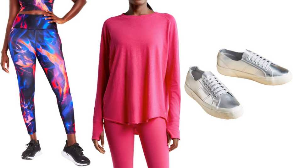 Old Navy High-Waisted Power-Soft 7/8 Leggings for Women in Pink Swirl; Zella Relaxed Long Sleeve Slub Jersey T-Shirt in Pink Bright; Superga 2750 Metallic Sneakers in Silver