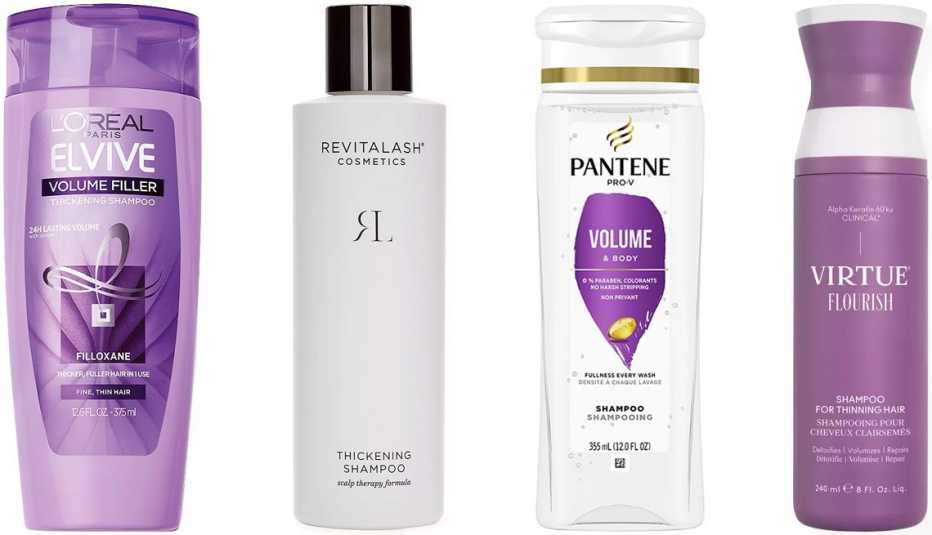 L’Oréal Paris Elvive Volume Filler Thickening Shampoo; RevitaLash Thickening Shampoo; Pantene Pro-V Volume & Body Shampoo; Virtue Flourish Volumizing Shampoo for Thinning Hair