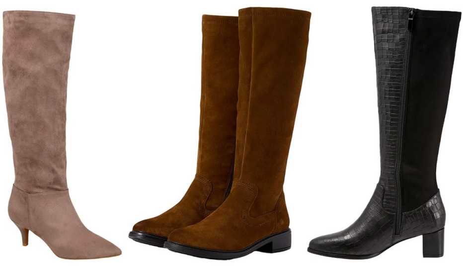 Journee Collection Comfort Foam Vellia Boot, Extra Wide Calf, in Taupe; Josef Seibel Selena 21 in Castagne; Trotters Kirby Knee High Boot in Black Croc Print Leather