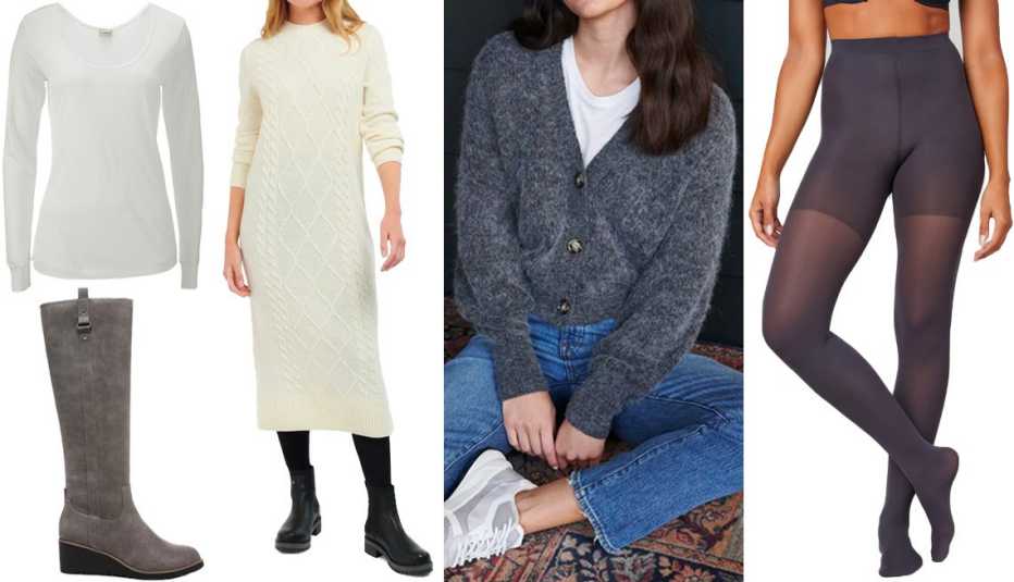 LifeStride Zeppelin Boot in Grey; L.L. Bean Women’s Silk Pointelle Long-Sleeve Scoopneck in Cream; Barbour Burne Long Sleeve Wool Blend Sweater Dress in Aran; Quince Baby Alpaca-Wool Cropped Cardigan in Charcoal; Spanx Tight-End Tights in Charcoal