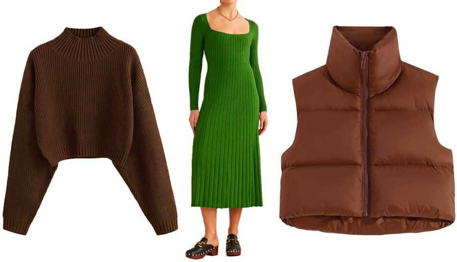 Zaful Women’s Cropped Turtleneck Sweater with Lantern Sleeves in 1-Deep Brown; Boden Scoop Neck Ribbed Dress in Park Ranger; Fuinloth Women’s Padded High Collar Puffer Vest in Brown
