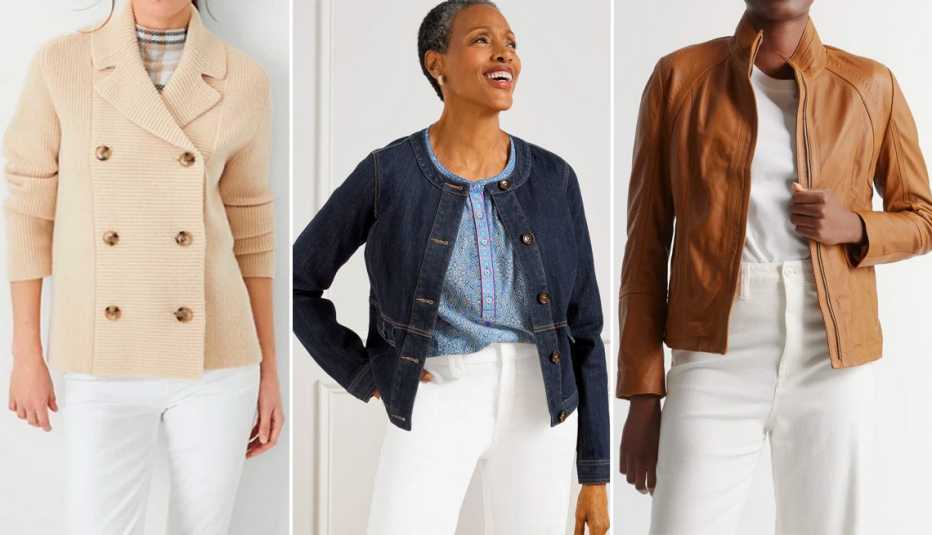 Ann Taylor Double Breasted Sweater Blazer in Toasted Oat; Talbots Collarless Jean Jacket in Vintage Indigo; Quince 100% Leather Stand-Collar Jacket in Cognac