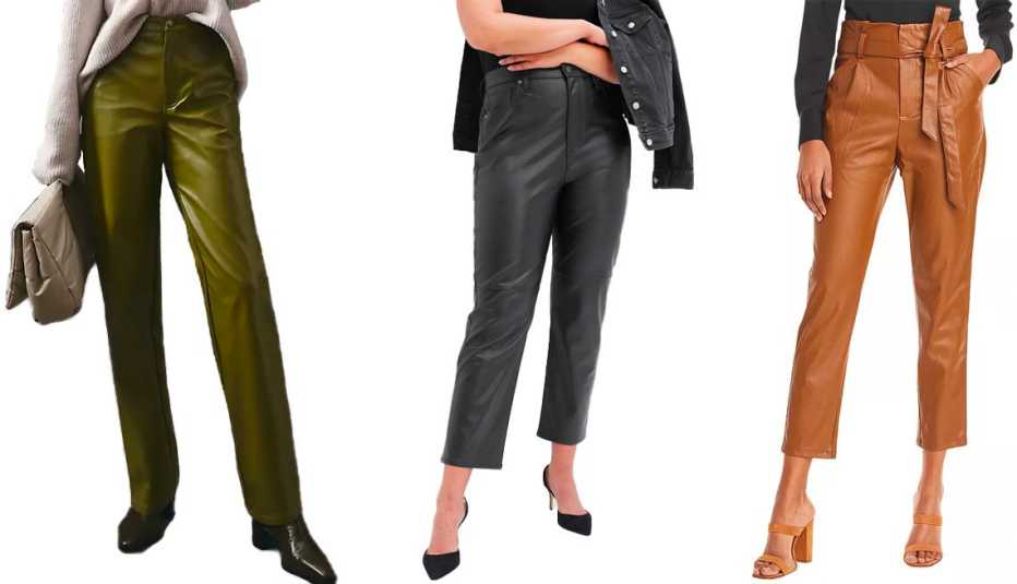 En Saison Lana Faux Leather Pants in Olive; Gap Sky High Rise Faux-Leather Cheeky Straight Pants in Black; Lucy Paris Faux Leather Paperbag-Waist Pants in Cognac