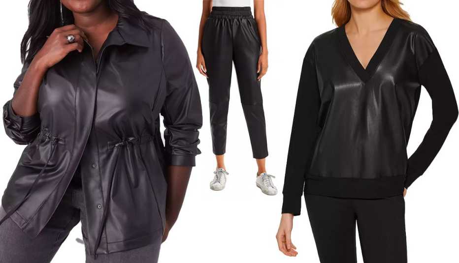 Lane Bryant Faux Leather Shirt Jacket in Black; Aqua Faux Leather Jogging Pants in Black; DKNY Faux Leather Front Sweatshirt in Black