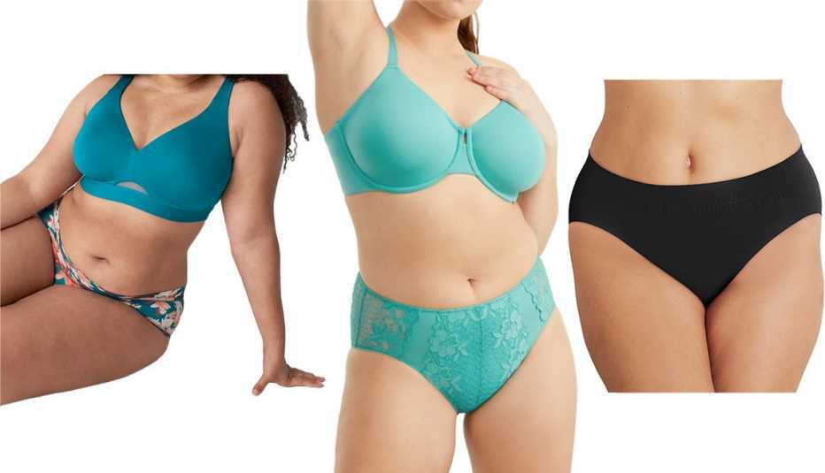 Cacique Intimates Comfort Bliss Lightly Lined No-Wire Bra in Deep Lagoon; Bare Necessities The Absolute Minimizer in Lagoon; Bali Comfort Revolution Seamless Cooling High Cut Panty Dfmshc in Black