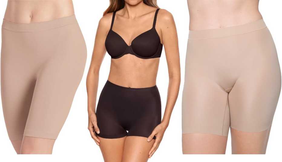Jockey Skimmies No-Chafe Mid- Thigh Slip Short in Light; Miraclesuit Light Control High-Waist Boyshorts in Coffee; Soma Intimates Smoothing Short in Warm Amber