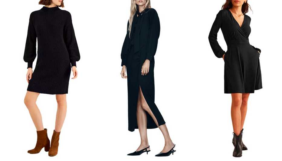 Style & Co Women’s Mock-neck Sweater Dress in Deep Black; Crepe Midi Dress in Black; Willow Jersey Dress in Black, Petite