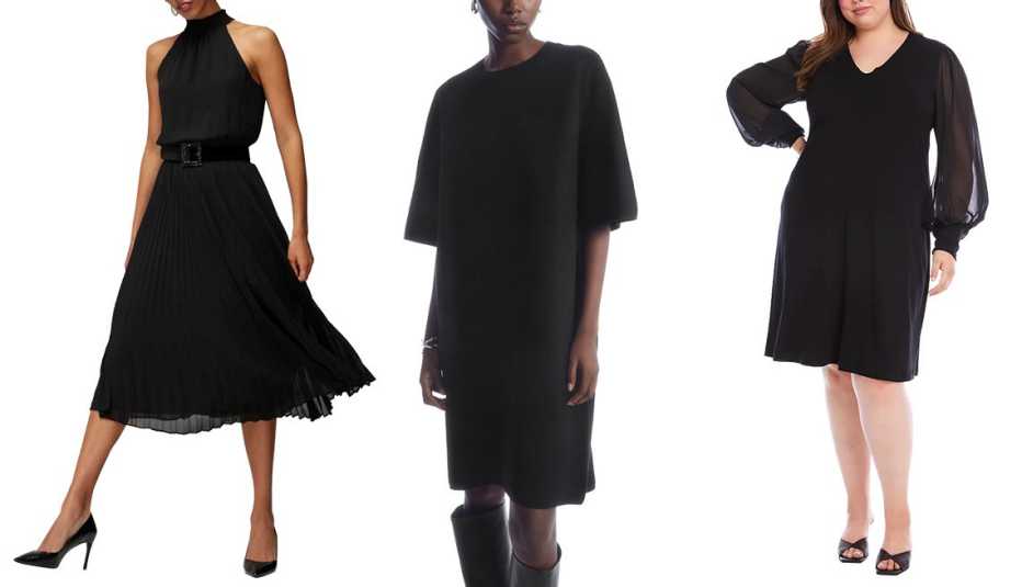 Pleated Halter Midi Dress; Oversized-Fit Wool T-Shirt Dress in Black; Plus Size Sheer Sleeve Dress in Black