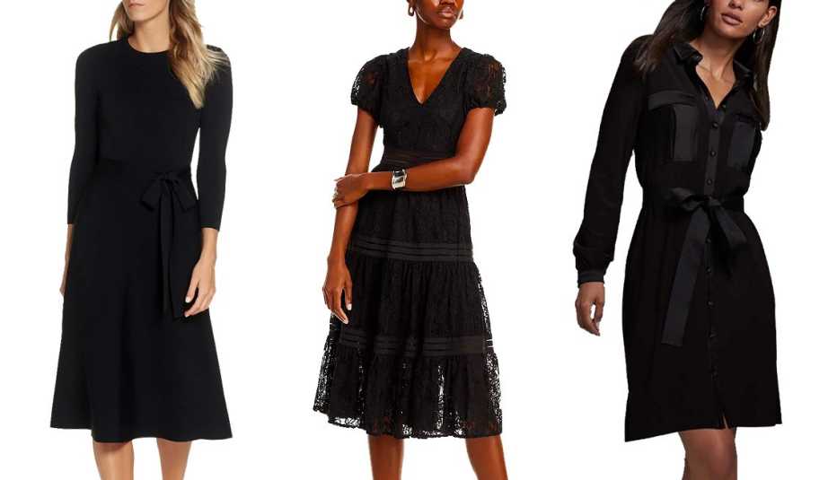 Eliza J. Fit & Flare Sweater Dress in Black; AQUA Short Sleeve Lace Midi Dress in Black; Long Sleeve Matte Jersey Shirtdress with Satin in Black 