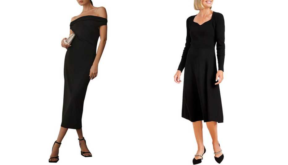 Reformation Jamen Knit Midi Dress in Black; Sweetheart Fit & Flare Sweater Dress in Black 
