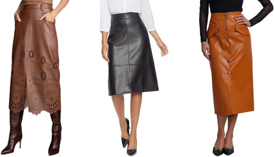 Nikasha Faux Leather Cutwork Midi Skirt in Brown; NYDJ Faux Leather A Line Skirt in Black; New York & Company A-Line Midi Skirt in Caramel Brown