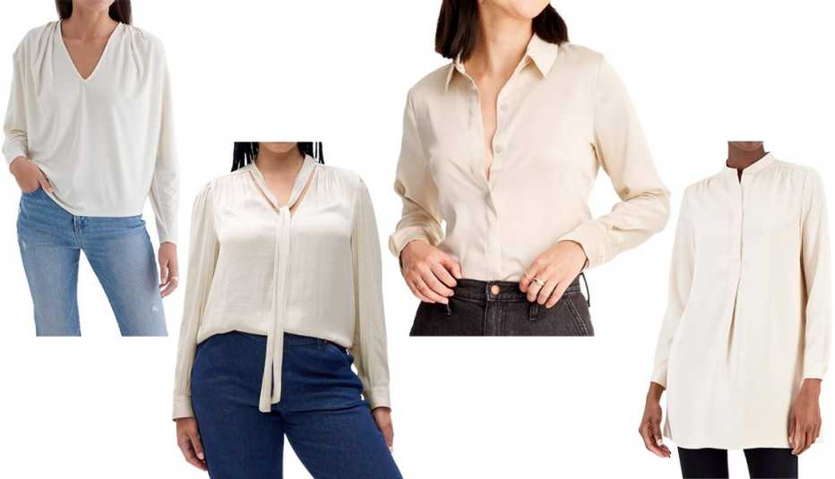 Express Skimming V-Neck Long Sleeve Pleated Shoulder Top in Swan 121; Gap Women Tie-Neck Shirt in Stone Beige; A New Day Women’s Long-Sleeve Button Front Shirt in Cream; Anne Klein Women’s Textured Charmeuse Nehru Tunic in Crema