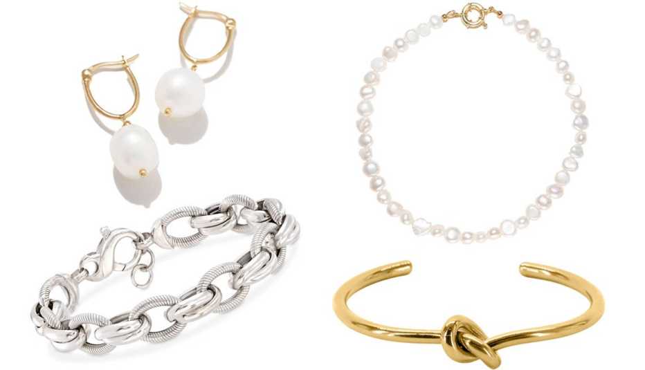 Mejuri Organic Pearl Hoops in Gold Vermeil, Pearl; Joeybaby New York Pete Necklace; Oma The Knot Bracelet in Gold; Ross Simons Italian Sterling Silver Textured and Polished Multi-Link Bracelet