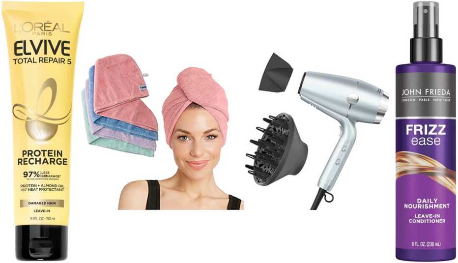 L’Oréal Paris Elvive Total Repair 5 Protein Recharge Treatment; Turbie Twist Microfiber Hair Towel Wrap; Conair InfinitiPRO Smooth Wrap Hair Dryer with Dual Ion Therapy; John Frieda Frizz Ease Daily Nourishment Leave-In Conditioner