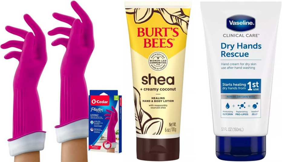 Playtex Living Drip-Catch Cuff Dishwashing Gloves in Pink; Burt’s Bees Shea + Coconut Hand & Body Lotion, Unscented; Vaseline Dry Hands Rescue