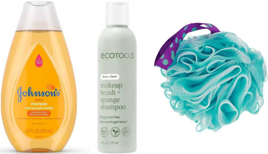 Johnson’s Baby Shampoo; EcoTools Makeup Brush + Sponge Shampoo; Pop-arazzi Delicate Bath Puff