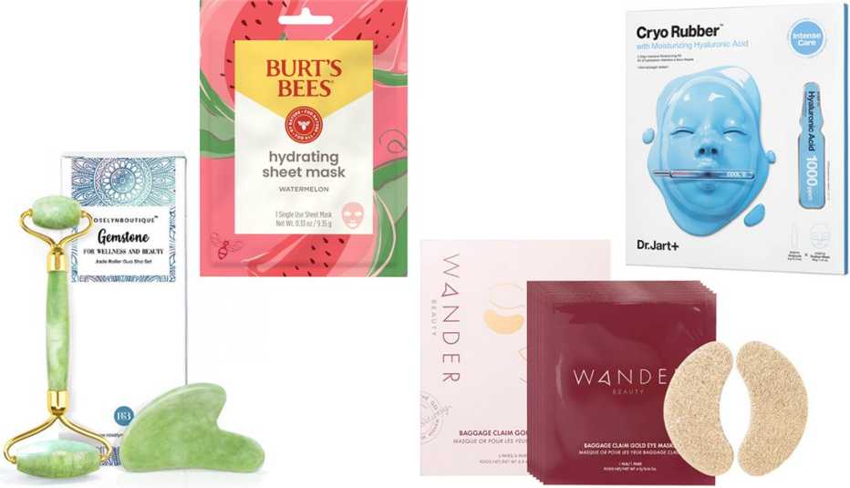 RoselynBoutique Jade Face Roller Gua Sha Facial Tools; Burt’s Bees Hydrating Single Use Face Mask with Watermelon; Wander Beauty Baggage Claim Gold Eye Masks; Dr. Jart+ Cryo Rubber Face Mask with Moisturizing Hyaluronic Acid