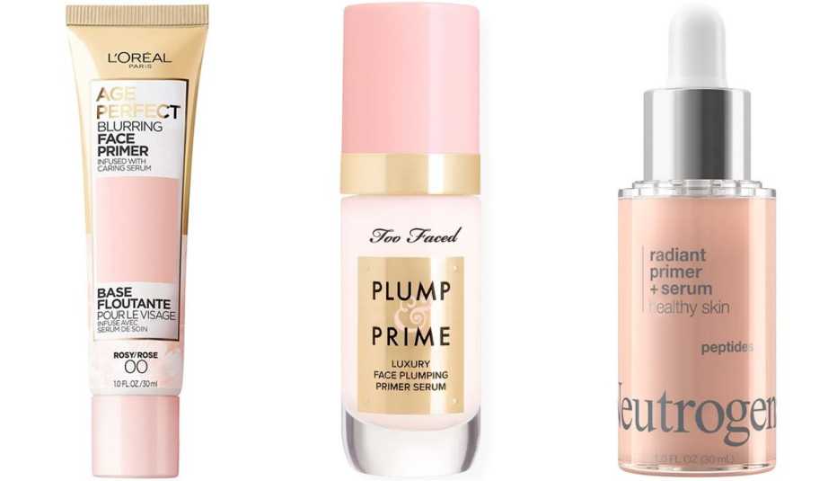 L’Oréal Paris Age Perfect Blurring Face Primer in Rosy/Rose; Too Faced Plump & Prime Luxury Face Plumping Primer Serum; Neutrogena Healthy Skin Radiant Primer + Serum