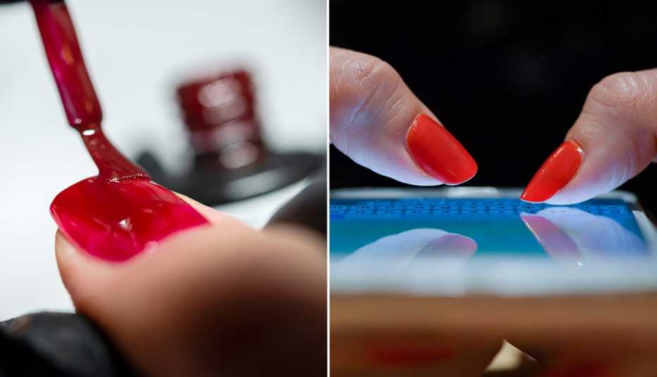 a nail technician putting on red nail polish on a client's fingernail and a close up of a woman's thumbs with red fingernails typing on a smartphone