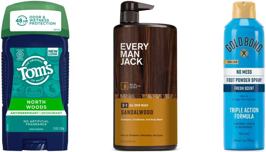 Tom’s of Maine North Woods Antiperspirant & Deodorant; Every Man Jack Men’s Hydrating Sandalwood 3-in-1 Shampoo, Conditioner & Body Wash; Gold Bond No-Mess Foot Powder Spray in Fresh Scent