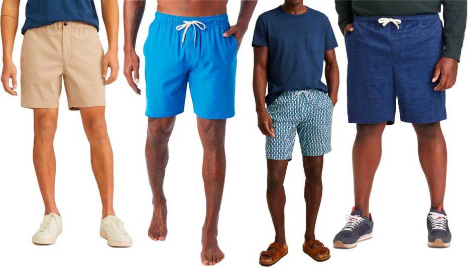 Everlane The Pull-On Chino Performance Short in Trench Coat Khaki; Fair Harbor The Anchor in Cobalt, 8-Inch inseam; Bonobos Riviera Recycled Swim Trunks in Blue Surfboard Geo, 7-inch inseam; Goodfellow & Co Men’s 8’’ Everyday Pull-On Shorts in Men’s Big, Blue