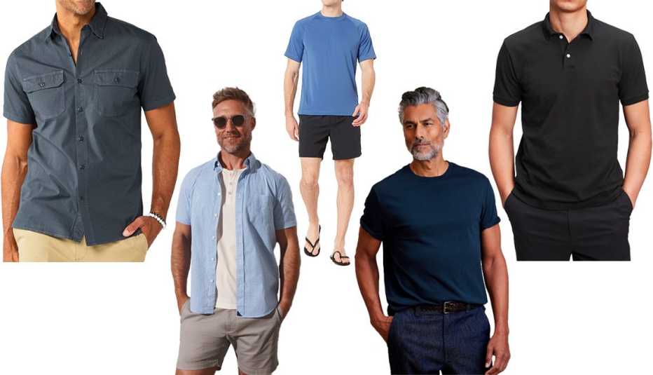 Sonoma Goods for Life Men’s Rip-Stop Button Down Shirt in Dark Gray; Untuckit Cotton Short-Sleeve Mayfield Shirt in Micro Blue Floral Print; Amazon Essentials Men’s Short-Sleeve Quick-Dry UPF50 Swim Tee in Blue; Banana Republic Authentic Supima T-Shirt in Navy Blue; Gap Men Pique Polo Shirt in True Black