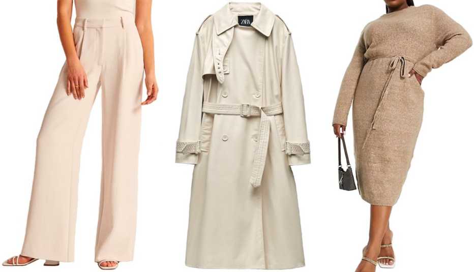 Abercrombie & Fitch Women’s Premium Crepe Tailored Ultra Wide Leg Pant in Cream; Zara Women’s Belted Faux-Leather Trench in Ecru; Asos Design Curve Knit Midi Dress With Tie Waist in Taupe