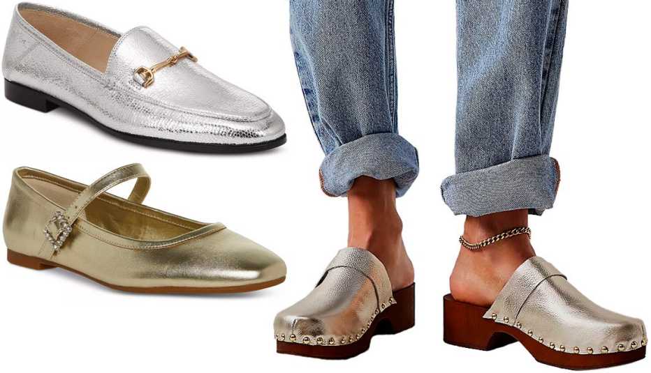 Sam Edelman Women’s Loraine Loafers in Silver; Seychelles Mya Metallic Clogs in Platinum Leather; Steve Madden Victorine Mary Jane Flats in Gold