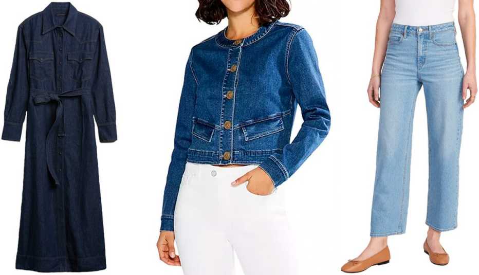 Banana Republic Women’s Western Shirtdress in Indigo; Nic + Zoe Top It Off Denim Jacket in Atlantic; Old Navy Extra High-Waisted Cropped Wide-Leg Jeans for Women in Light-Wash