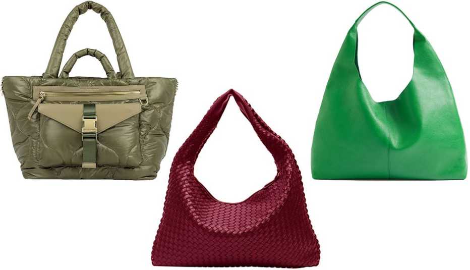 Eli Tote Bag by Ideal of Sweden in Olive; Ouygzou Handmade Woven Hobo Bag in Wine Red; & Other Stories Grainy Leather Tote Bag in Grass Green