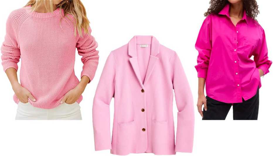 Ebifin Women’s Crewneck Pullover for Women in Pink; J. Crew Waisted Sweater Blazer With Stretch in Classic Pink; Gap 100% Organic Cotton Big Shirt in Viva Magenta Pink