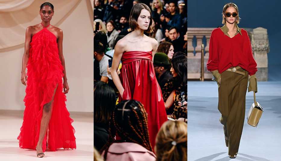 A model wearing a red leather dress on the runway at the PatBO show during New York Fashion Week; a model wearing a red dress at the Proenza Schouler Fall 2023 Ready To Wear Fashion Show; a model wearing a red Tory Burch sweater walking on the runway during New York Fashion Week