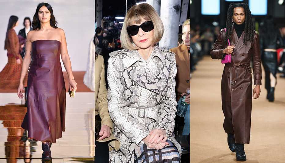 A model wearing a burgundy leather dress on the runway at the Gabriela Hearst Fall 2023 Ready To Wear Fashion Show; Anna Wintour in a python trench coat at the Michael Kors Collection Fall/Winter 2023 Runway Show; a model walking the runway in a brown leather trench coat at the Coach Fall 2023 Ready To Wear Fashion Show