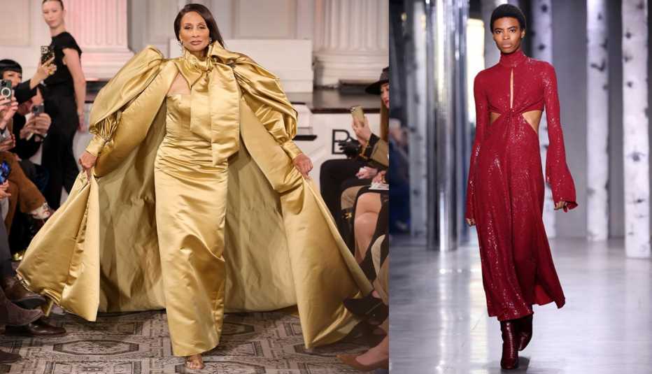 Beverly Johnson wearing a gold gown and cape while walking the runway for Dennis Basso during New York Fashion Week: The Shows; a model at the Michael Kors Collection Fall/Winter 2023 Runway Show; a model walking the runway in a red sequined dress at the Michael Kors Collection Fall/Winter 2023 Runway Show